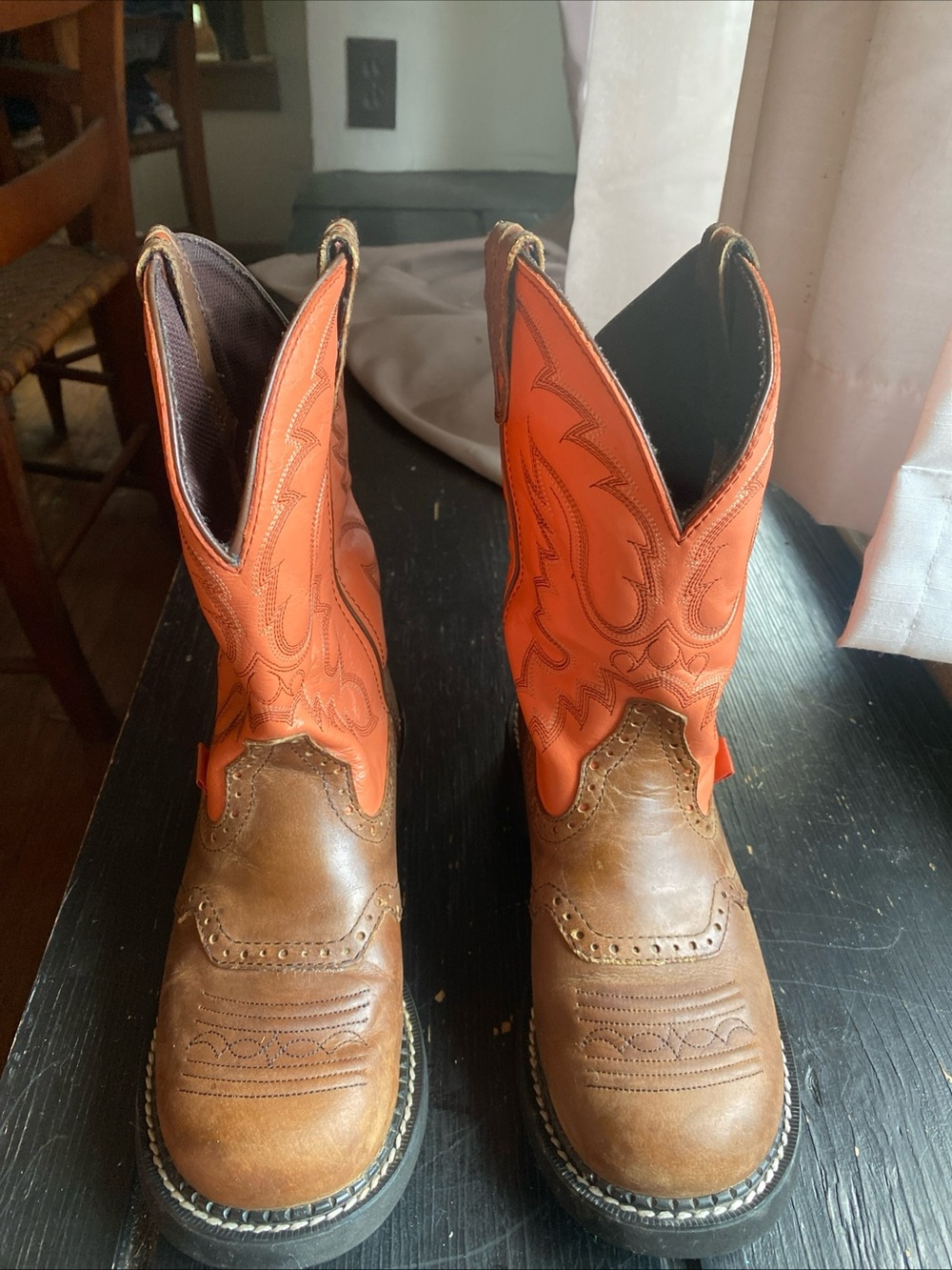 Womans Orange and Brown Western Work Boots